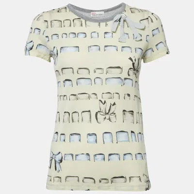 Pre-owned Red Valentino Yellow/grey Printed Modal Bow Detail Top S