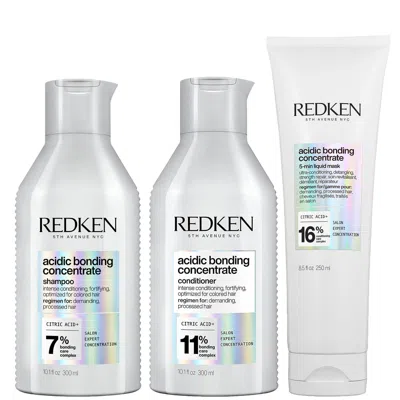 Redken Acidic Bonding Concentrate Shampoo, Conditioner And 5-minute Liquid Hair Mask Bond Repair Bundle In White