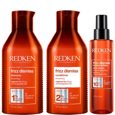 Redken Frizz Dismiss Shampoo, Conditioner And Hair Serum Routine For Smoothing Frizzy Hair In White