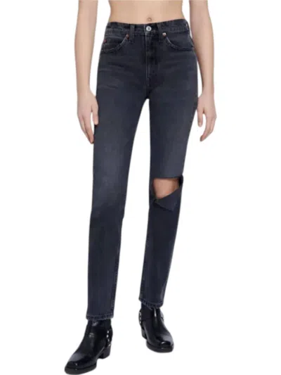 Re/done 70's Straight Leg Jeans In Wornblack With Rip In Gray
