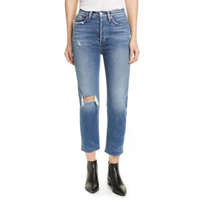 Re/done 70's Ultra High Rise Stove Pipe Straight Leg Jeans In Vintage Indigo Distressed In Blue