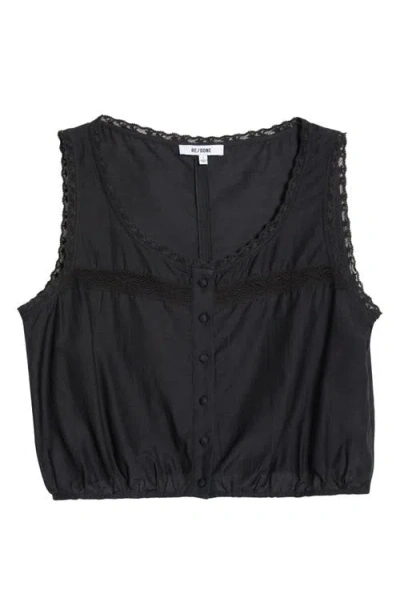 Re/done Allegra Lace Trim Button-up Crop Top In Black