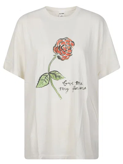 Re/done Boyfriend Flowers Hand-drawn Floral Cotton T-shirt In White