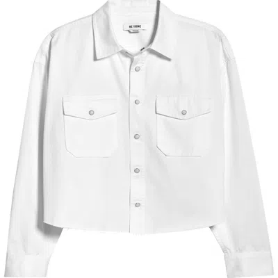 Re/done Camper Raw Hem Crop Snap-up Twill Shirt In White