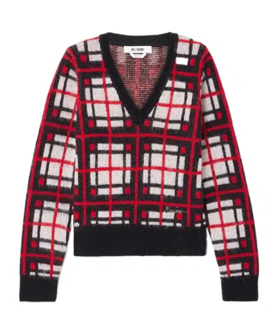 Re/done Embroidered Checked Jacquard-knit Sweater In Red