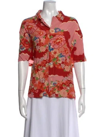 Pre-owned Re/done Floral Print Short Sleeve Button-up Top In Red