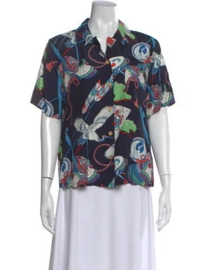 Pre-owned Re/done Graphic Print Short Sleeve Button-up Top In Blue