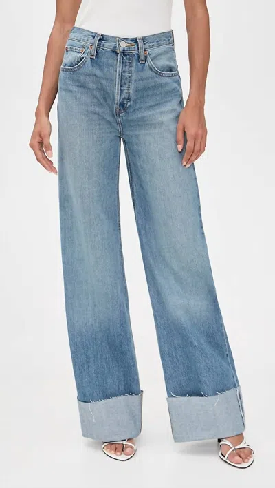 Re/done High Rise Wide Leg Cuff Jeans In Vintage Biker Blue