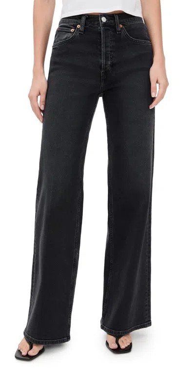 Re/done High Rise Wide Leg Jeans Washed Noir In Black