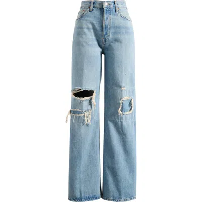 Re/done High Waist Ripped & Repaired Wide Leg Jeans In Blue