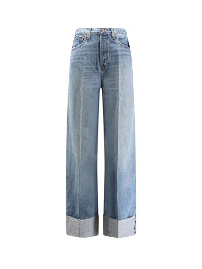 Re/done Distressed High-rise Wide-leg Jeans In Blue