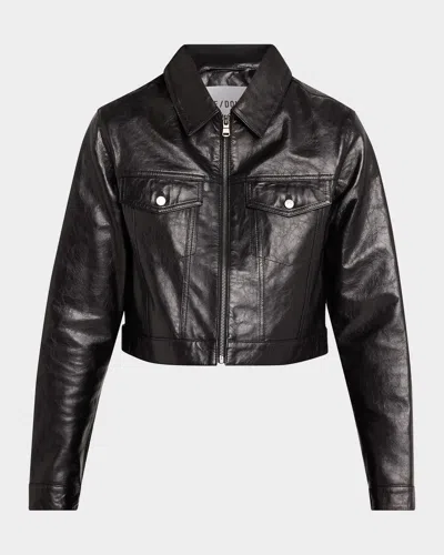 Re/done Leather Crop Trucker Jacket In Black