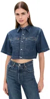 Re/done Oversize Crop Denim Button-up Shirt In Blue