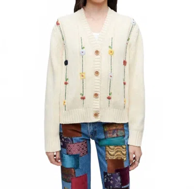 Pre-owned Re/done Pre-loved 50s V-neck Cardigan With Floral Embroidered Vines In Vintage Ivory In Multi