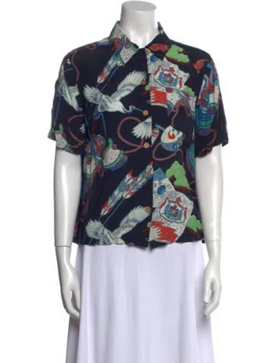 Pre-owned Re/done Printed Short Sleeve Button-up Top In Blue