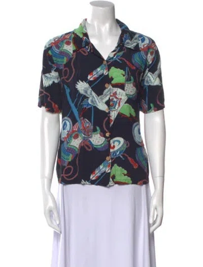 Pre-owned Re/done Printed Short Sleeve Button-up Top In Blue
