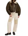 Re/done Shrunken Shearling Collar Bomber Jacket In Dark Military