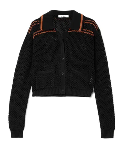 Re/done Striped Crocheted Cotton Cardigan In Black