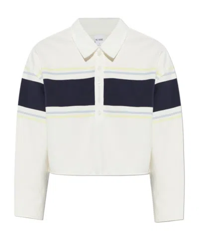 Re/done Stripe Cotton Crop Rugby Polo In White