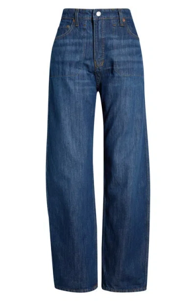 Re/done The Rewind Reversible High Waist Crop Barrel Leg Jeans In Blue