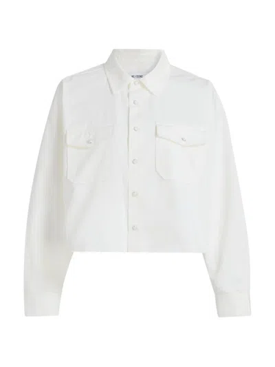 Re/done Camper Raw Hem Crop Snap-up Twill Shirt In White