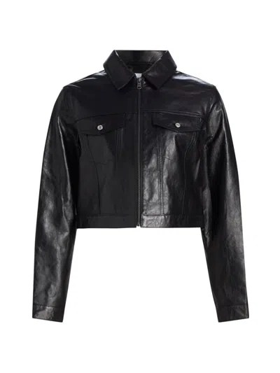 Re/done Women's Leather Crop Trucker Jacket In Black