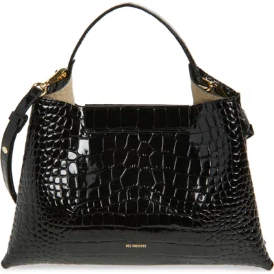 Ree Projects Medium Elieze Croc Embossed Patent Leather Top Handle Bag In Black