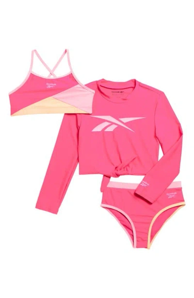 Reebok Kids' Colorblock Two-piece Swimsuit & Long Sleeve Rashguard Set In Neon Pink