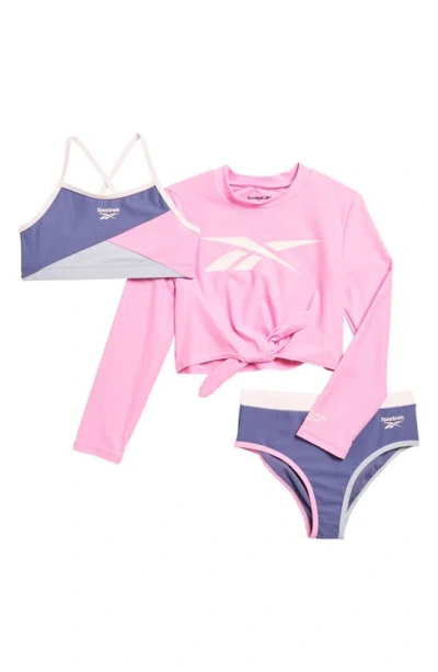 Reebok Kids' Colorblock Two-piece Swimsuit & Long Sleeve Rashguard Set In Pink