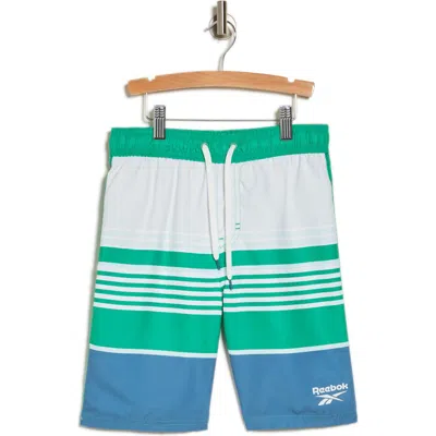 Reebok Kids' Stripe Swim Trunks In Blue Slate/green