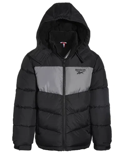 Reebok Kids' Toddler & Little Boys Colorblocked Fleece-lined Full-zip Hooded Puffer Jacket In Black Grey