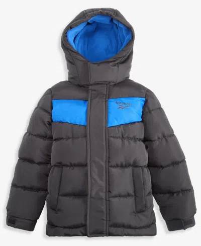 Reebok Babies' Toddler Boys' 2t-5t Hooded Fleece-lined Colorblocked Puffer Jacket In Gray