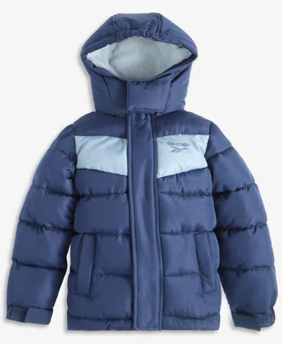 Reebok Babies' Toddler Boys' 2t-5t Hooded Fleece-lined Colorblocked Puffer Jacket In Blue