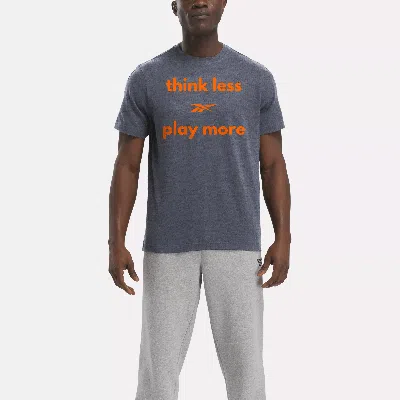 Reebok Unisex Think Less Play More T-shirt In Navy Heather/orange