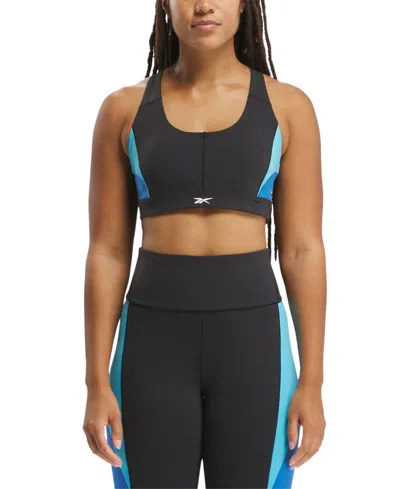 Reebok Women's Active Lux Racerback Colorblocked Sports Bra In Black,kinetic Blue