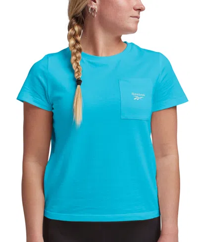 Reebok Women's Active Small-logo Pocket Cotton T-shirt In Bold Cyan