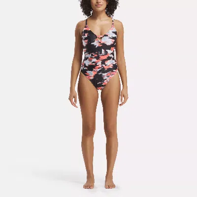 Reebok Women's Elite Camo Plunging One-piece Swimsuit With Strappy Details In In Black