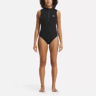 Reebok Women's High Neck One Piece Swimsuit With Center-front Zipper And Collar In In Black