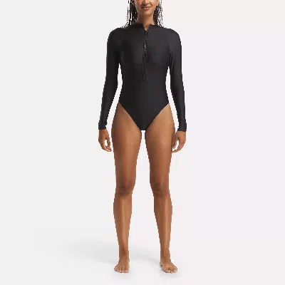 Reebok Women's Long Sleeve One Piece Zip-up Rasher Swimsuit In In Black