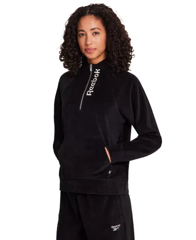 Reebok Women's New Heritage Velour Half Zip Collared Top In Black