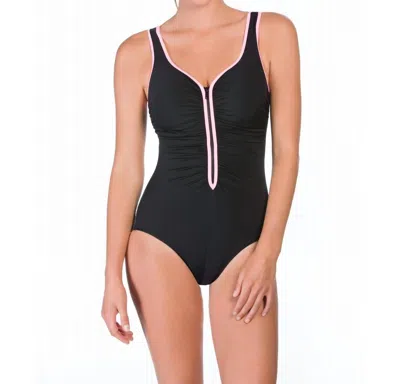 Reebok Zip Tide Outline Shirred Zipper Front Scoop Neck One Piece Swimsuit In Pink/black