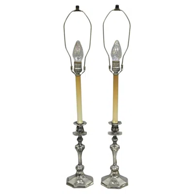 Pre-owned Reed & Barton Art Nouveau Silver Plated Small Candlestick Table Lamps - A Pair
