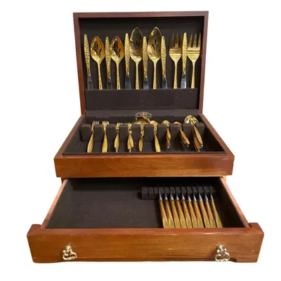 Pre-owned Reed & Barton Modernist Pattern Gold Plated Stainless Flatware Set Of 92 By 1847 Rogers Bros In Brown