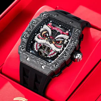 Pre-owned Reef Tiger Men Automatic Watch Mechanical Carbon Fiber Bezel Luminous Lion Dial