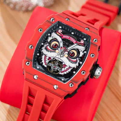 Pre-owned Reef Tiger Men Automatic Watch Mechanical Carbon Fiber Bezel Luminous Lion Dial