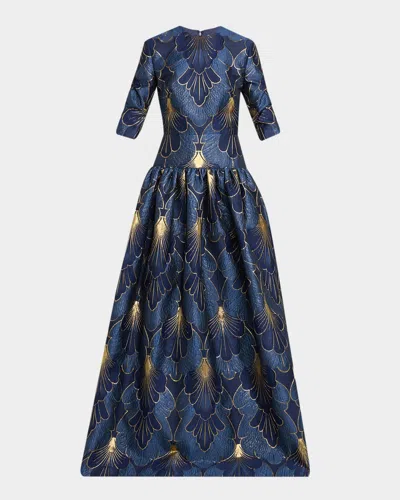 Reem Acra 3/4-sleeve Lame Brocade Drop-waist Gown In Navy