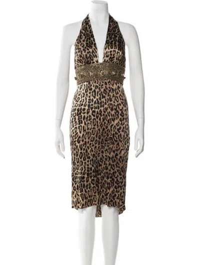 Pre-owned Reem Acra Animal Print Midi Length Dress In Black