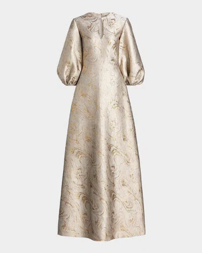 Reem Acra Balloon-sleeve Metallic Brocade Kaftan Gown In Neutral