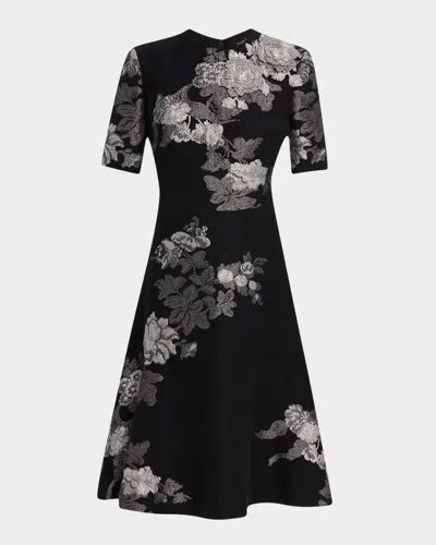 Reem Acra Bead Applique Floral Fil Coupe Dress In Black