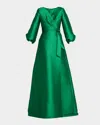 Reem Acra Bishop-sleeve Mikado Pique Wrap Gown